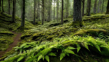 A serene forest scene with tall trees and lush green ferns. Sunlight filters through the branches, creating a mystical atmosphere. A path leads through the vibrant greenery, inviting exploration.