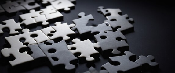 White puzzle pieces scattered on a black background, symbolizing challenge and creativity