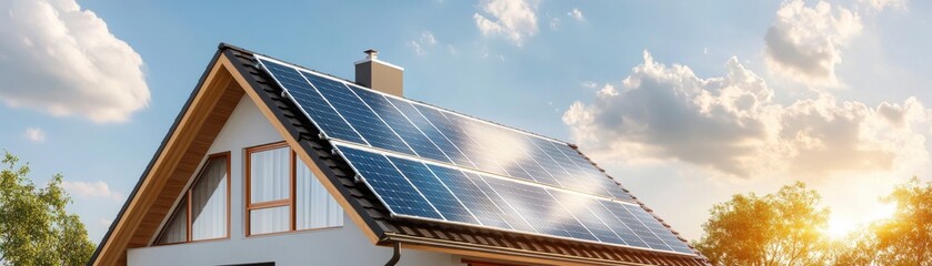 Fototapeta premium A modern house featuring solar panels on the roof, showcasing renewable energy in a sunny environment.