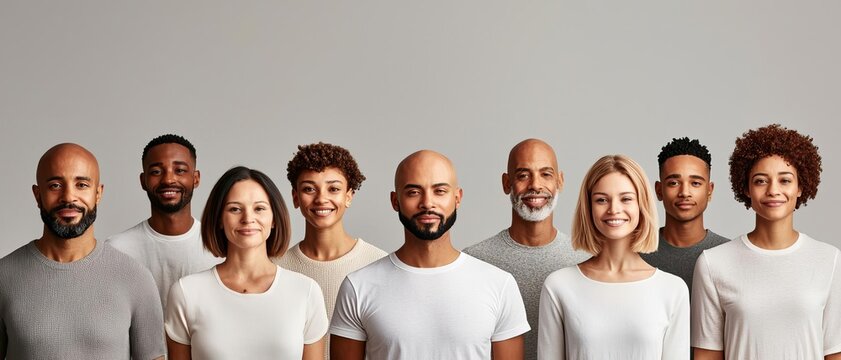 Diverse group of individuals with Alopecia Areata, confidently embracing their baldness, set against a minimalist background, Alopecia Community, Unity and Diversity