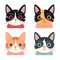 Cute Cat Illustrations with Big Eyes on White Background - Adorable and Colorful Cartoon Cat Faces