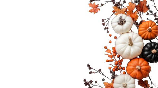 A vibrant arrangement of pumpkins and autumn leaves, perfect for celebrating the fall season and Halloween festivities.