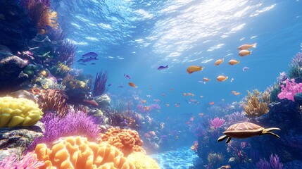 Obraz premium A coral reef, fully restored to its natural vibrancy, bursts with life beneath the clear blue ocean. Schools of colorful fish dart between the coral formations, while larger marine animals like