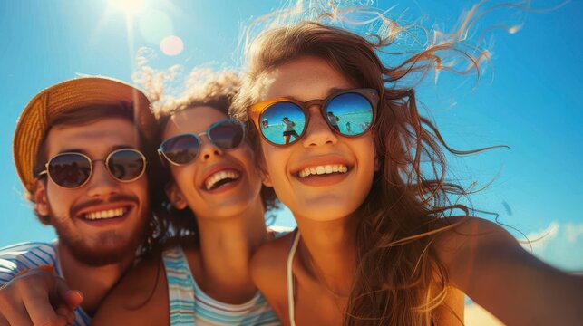 Happy friends taking a selfie on a sunny day.