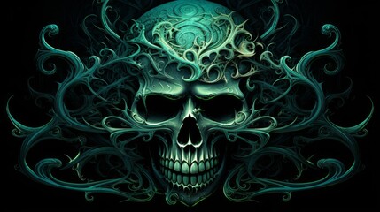 Dark green skull with luxury ornament on black background surface. Neural network ai generated art