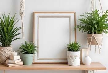 A wooden shelf with white framed wall hanging, various potted cacti and succulents, a and other decorative items