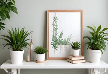 Fototapeta premium A wooden shelf with white framed wall hanging, various potted cacti and succulents, a and other decorative items