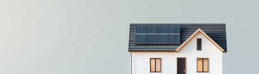 Fototapeta premium A modern house with solar panels on the roof, showcasing eco-friendly living and sustainable energy solutions.
