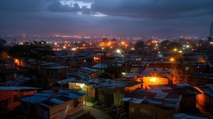 A city at night with many houses lit up