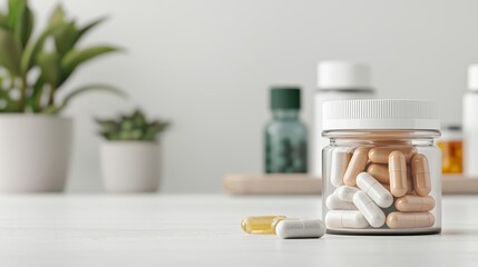 Minimalist presentation of health and beauty supplements, showcasing capsules and powders in a clean, modern setting, AI generative