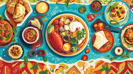 A colourful table top still life featuring a variety of delicious food.