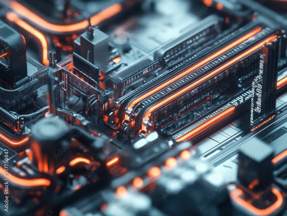 Poster Industrial 3D render of telephone lines with cables connected to digital hubs, highlighting the modern infrastructure with realistic details and digital elements
