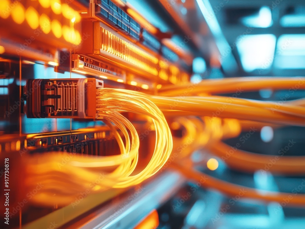 Poster high-tech 3d model of telephone lines integrated with fiber-optic cables, displaying the intricate m