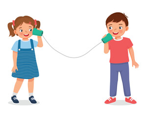 cute little kids playing handcrafted wired string telephone talking to each others