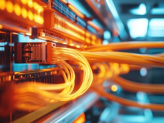 Naklejka premium High-tech 3D model of telephone lines integrated with fiber-optic cables, displaying the intricate merging of old and new technologies in a sleek industrial environment