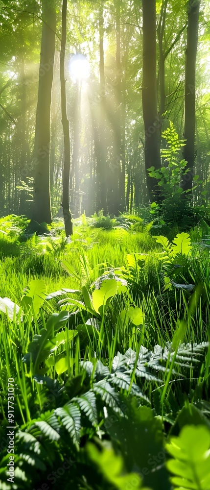 Poster sunbeams through the trees in a lush forest.