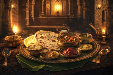 A traditional Indian thali meal set on a wooden table with candles and a blurred background of a temple.