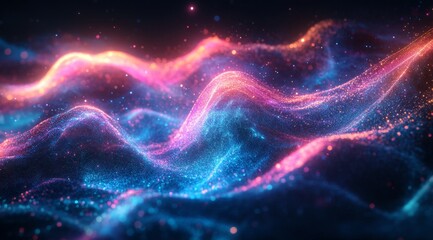 Obraz premium Abstract background with glowing particles in pink, blue and orange hues.