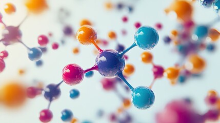 A digital representation of a molecule, with colorful atoms connected by bonds, floating in space. The background is minimalistic, leaving room for text.