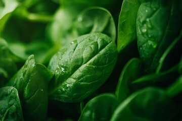 Obraz premium Close-up of fresh green spinach leaves with water droplets.