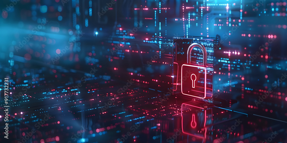 Poster network security locked in digital age concept of protection in cyber world safe from hackers with a