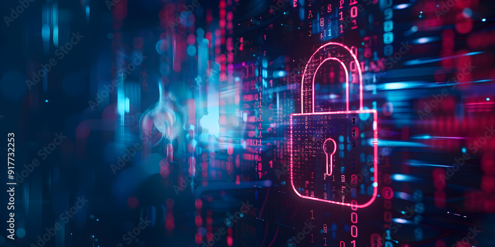 Poster network security locked in digital age concept of protection in cyber world safe from hackers with a