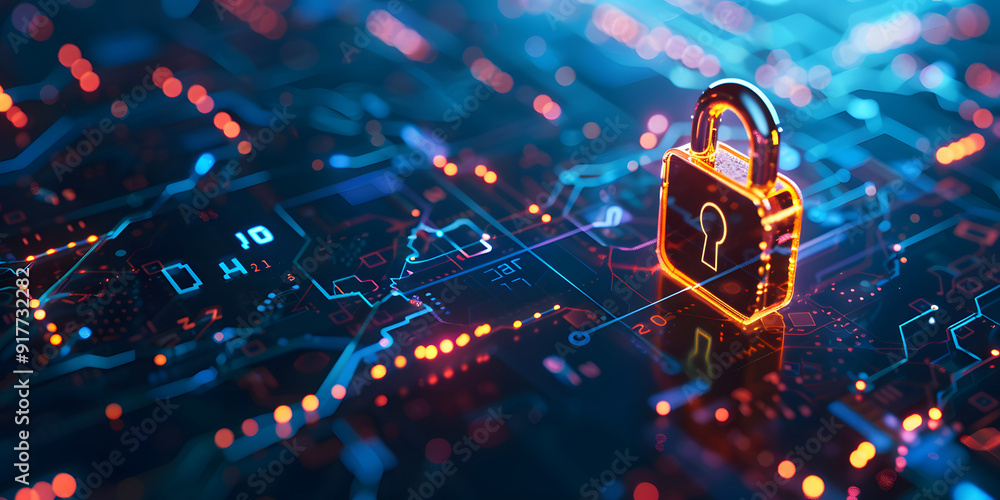 Poster network security locked in digital age concept of protection in cyber world safe from hackers with a