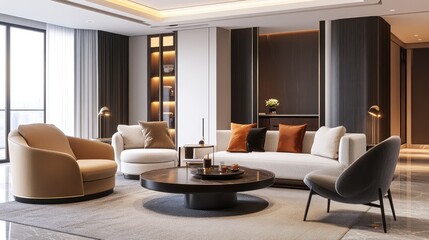 Fototapeta premium A luxurious living room interior in a house or apartment, with modern furniture, elegant decor, and soft lighting. The background is clear for text placement.
