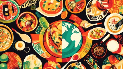 Colorful abstract illustration of various bowls of food with a globe in the center.