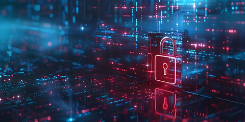 Obraz premium Network security locked in digital age concept of protection in cyber world safe from hackers with a padlock of privacy password guarding information technology and safety blended in background design