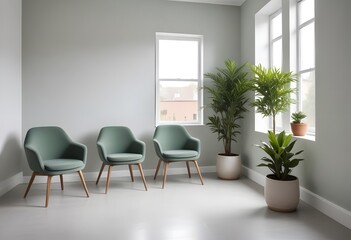Fototapeta premium modern living room with armchair. A modern waiting room with gray walls, large windows, and green upholstered chairs arranged in a row. 
