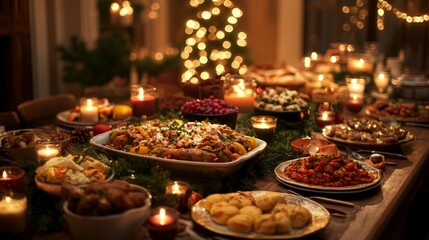 Festive dinner table with various dishes, candlelight and greenery.