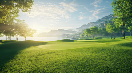 Obraz premium The beautiful golf course with morning sunshine.