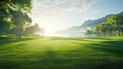 Obraz premium The beautiful golf course with morning sunshine.
