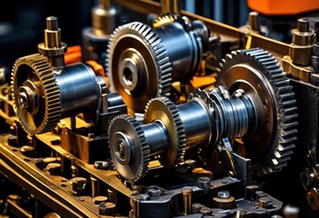 dynamic close shots colorful machinery full operation capturing intricate details mechanisms, action, vibrant, gears, engine, industrial, metal