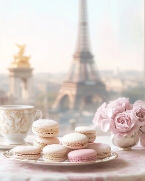 Macarons with Eiffel Tower in the background on a pink tablecloth.