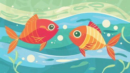 Naklejka premium Two Cartoon Fish Swimming in Ocean