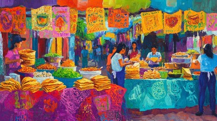 Fototapeta premium An oil painting depicting a vibrant and colorful street market with vendors and customers, the market is filled with an assortment of fresh produce and other goods.