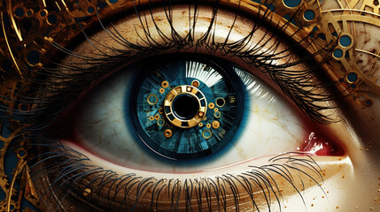 A close-up image of a human eye, intricately designed with a steampunk aesthetic. The iris and pupil are stylized to resemble the intricate gears, dials, and cogs of a clockwork mechanism, with metall