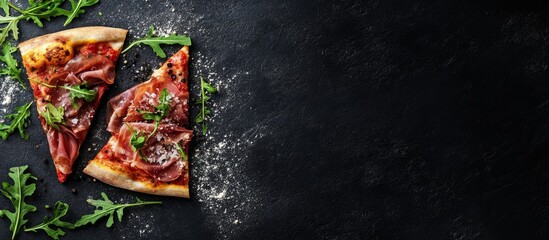 Two slices of gourmet pizza with prosciutto, arugula and sprinkled with salt on a black background with copy space.