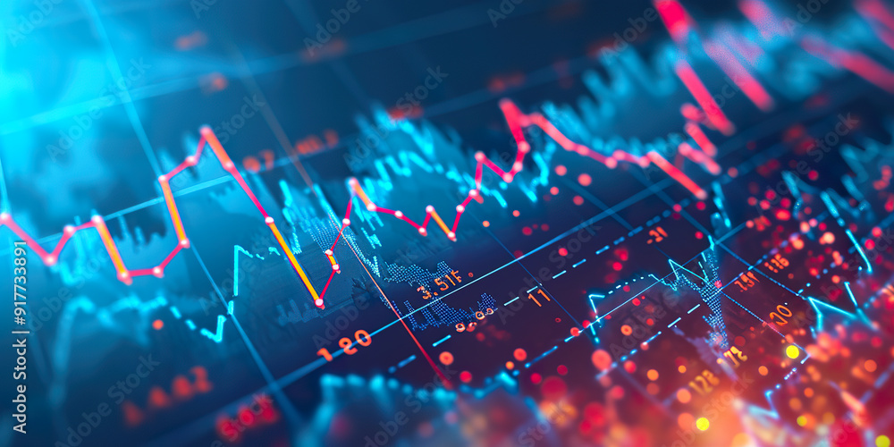 Poster close-up of stock market data display with red and blue lines