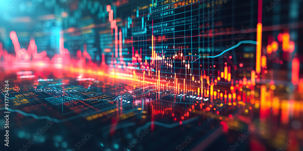 Poster abstract digital stock market data display with red and blue lines