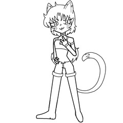 A cartoon cat is standing with its legs apart and its arms crossed