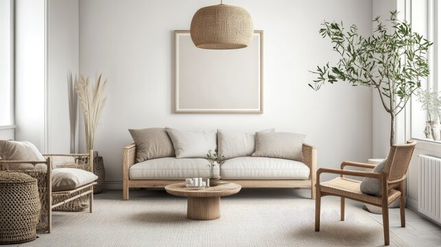 A stylish Scandinavian living room with sleek, modern furniture and light wood accents. The background is clear for text placement.