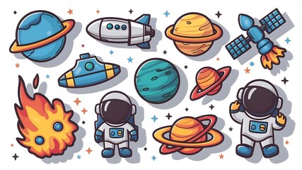 3D vector icon set for space. Cartoon objects: comet, ufo, rocket, planet, satellite, and astronaut