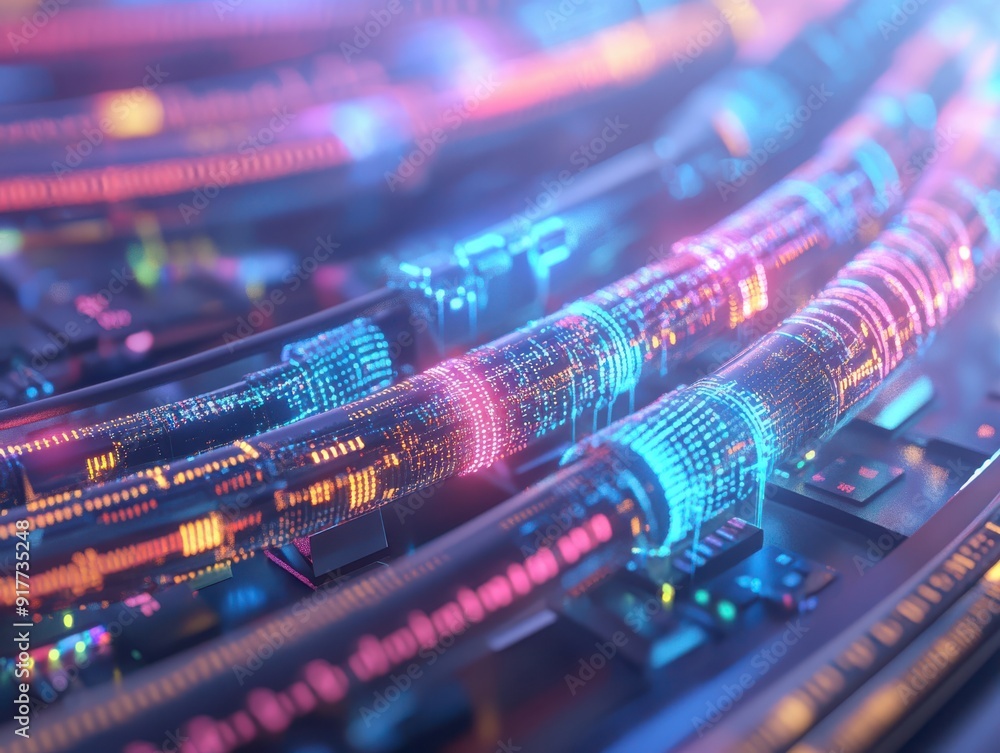 Poster digital-themed 3d model of telephone cables with holographic data overlays, showing the transmission