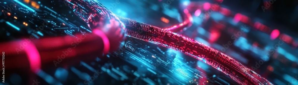 Poster Conceptual 3D render of traditional telephone lines merging into digital circuits, with cables transforming into data pathways, set in a cyberpunk-style environment