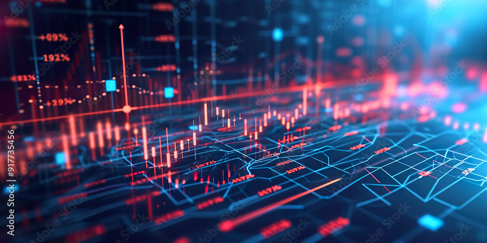 Poster abstract financial data visualization with red and blue lines