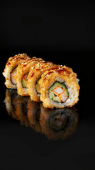Visualize Tempura sushi rolls filled with crispy shrimp tempura, creamy avocado, and fresh cucumber, wrapped in soft rice and elegantly garnished wi