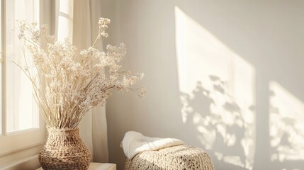 Spring-inspired home decor in a Scandinavian interior, with bright natural light and minimalist design. The background is composed to leave space for text.